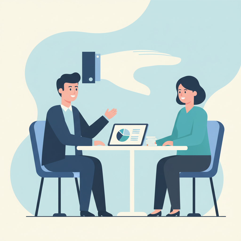 Financial advisor meticulously explaining investment plans to a client in a professional, modern office setting.